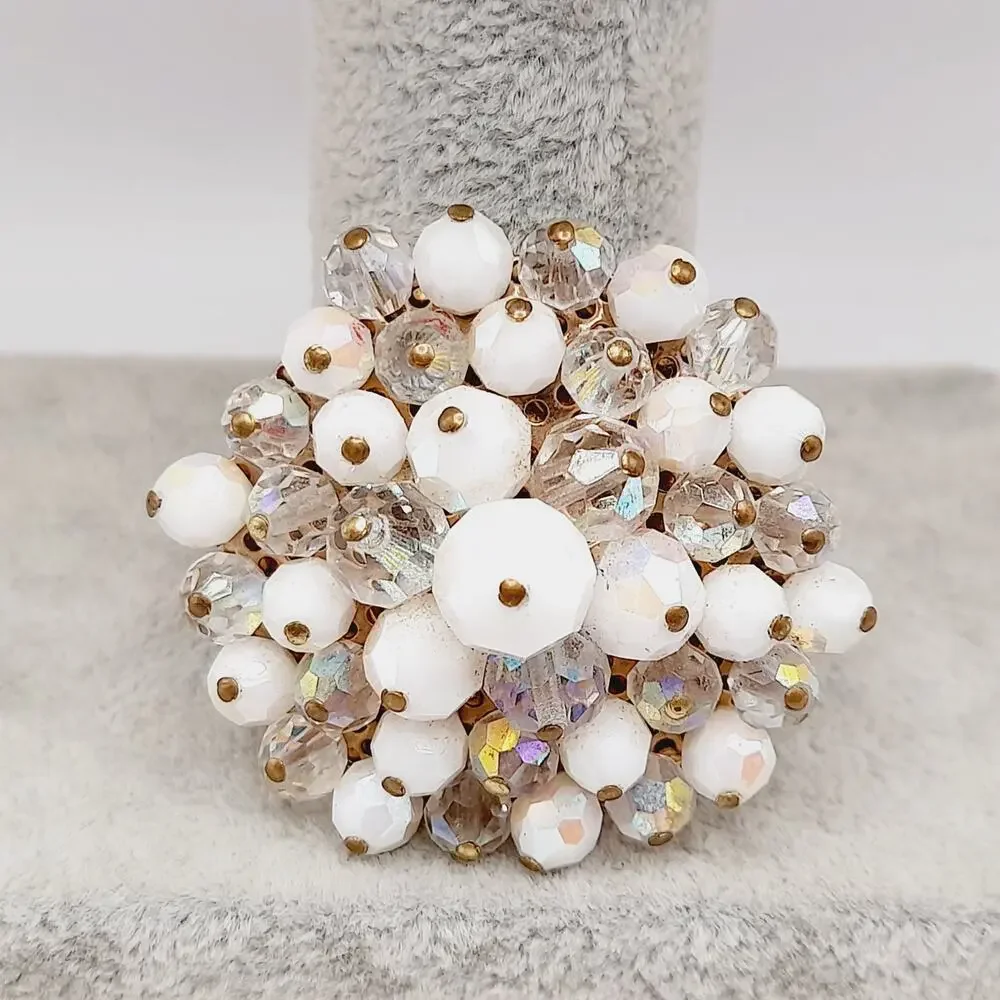Vintage Beaded Brooch Clear & White AB Crystals Gold Tone Round 2 Inch